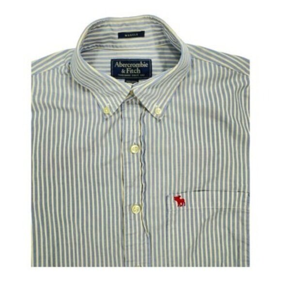 Abercrombie & Fitch Muscle Fit Shirt M Yellow Blue Stripe Button-Down Y2K Prep - Picture 2 of 11